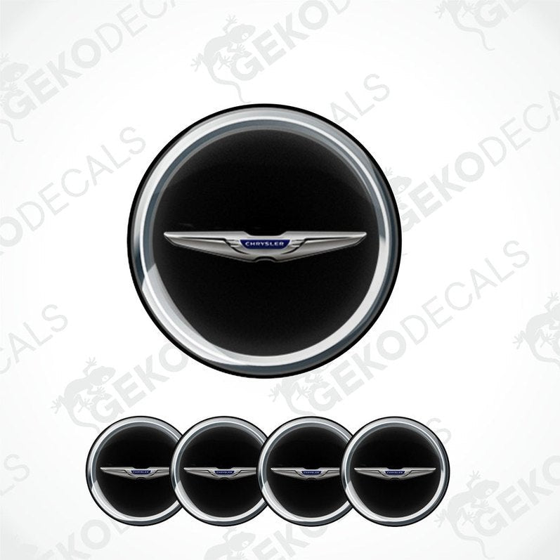 A set of four circular vinyl stickers with a CHRYSLER brand logo, designed for use on car wheels or caps.
