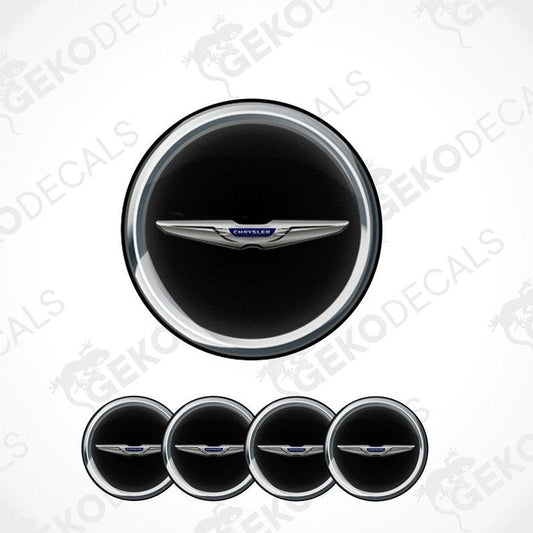 A set of four circular vinyl stickers with a CHRYSLER brand logo, designed for use on car wheels or caps.