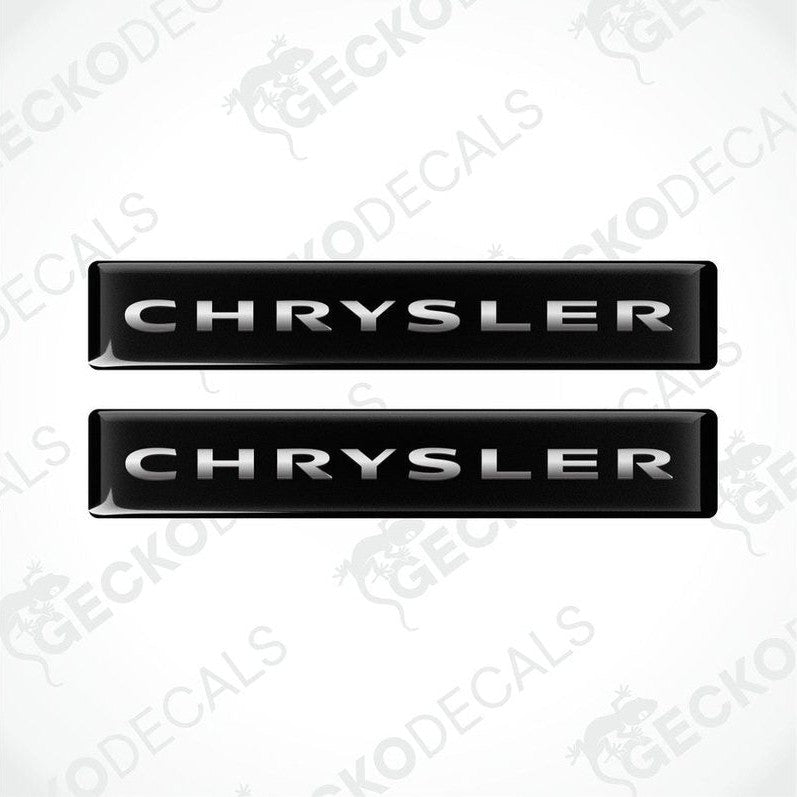 Two black vinyl stickers with the word 'CHRYSLER' printed on them, set against a white background.