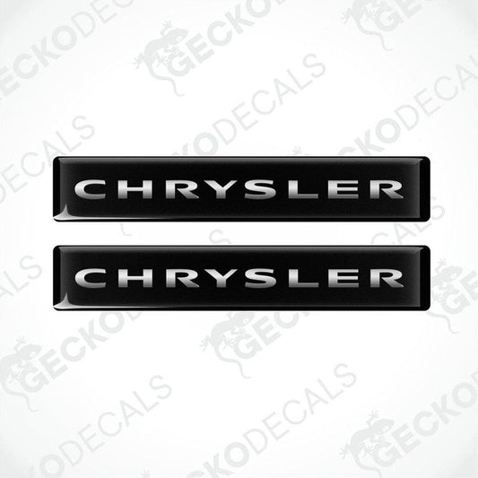 Two black vinyl stickers with the word 'CHRYSLER' printed on them, set against a white background.