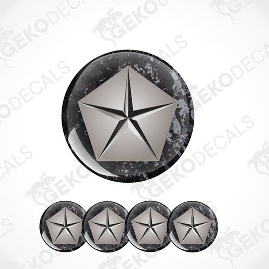A set of four silver-colored vinyl stickers with a geometric star design, intended for use as car decals or wheel caps.