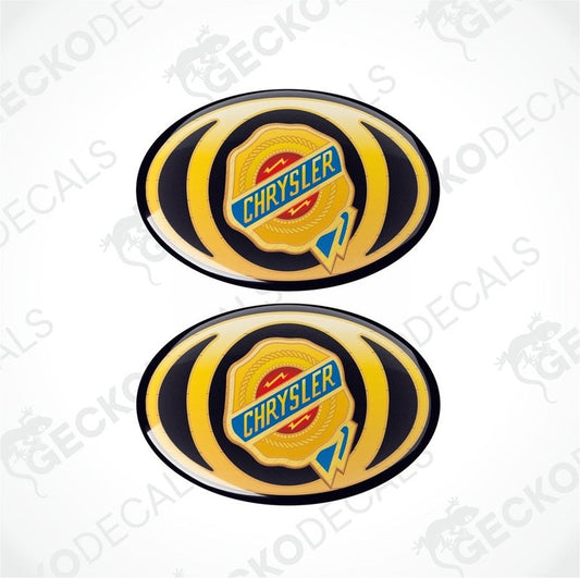 Two oval vinyl stickers with a Chrysler brand logo and a blue, yellow, and red design.
