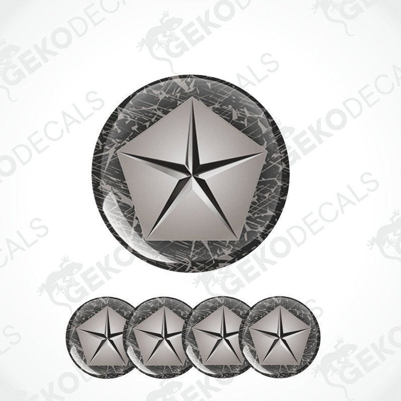 A set of five vinyl decals with a geometric star shape design, predominantly gray with a textured background.