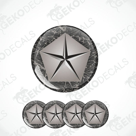 A set of five vinyl decals with a geometric star shape design, predominantly gray with a textured background.