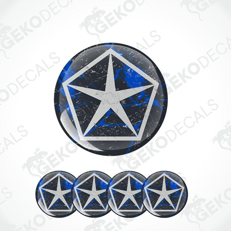 A set of four black and blue background vinyl decals with the CHRYSLER logo, star inside the pentagon.