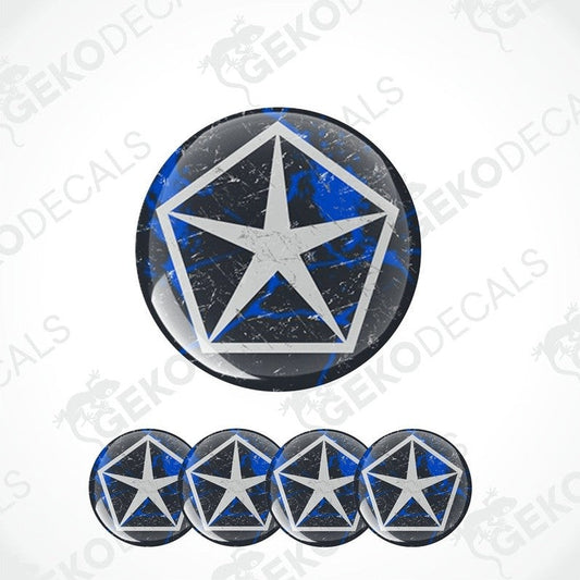 A set of four black and blue background vinyl decals with the CHRYSLER logo, star inside the pentagon.