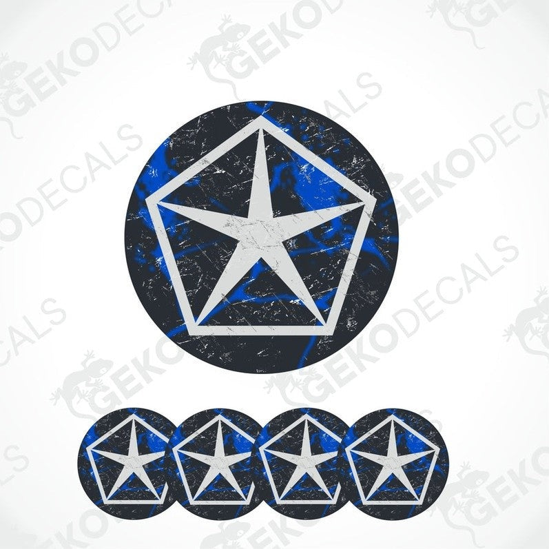 A set of four black and blue background vinyl decals with the CHRYSLER logo, star inside the pentagon.