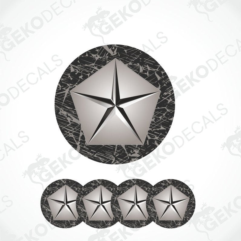 A set of five vinyl decals with a geometric star shape design, predominantly gray with a textured background.