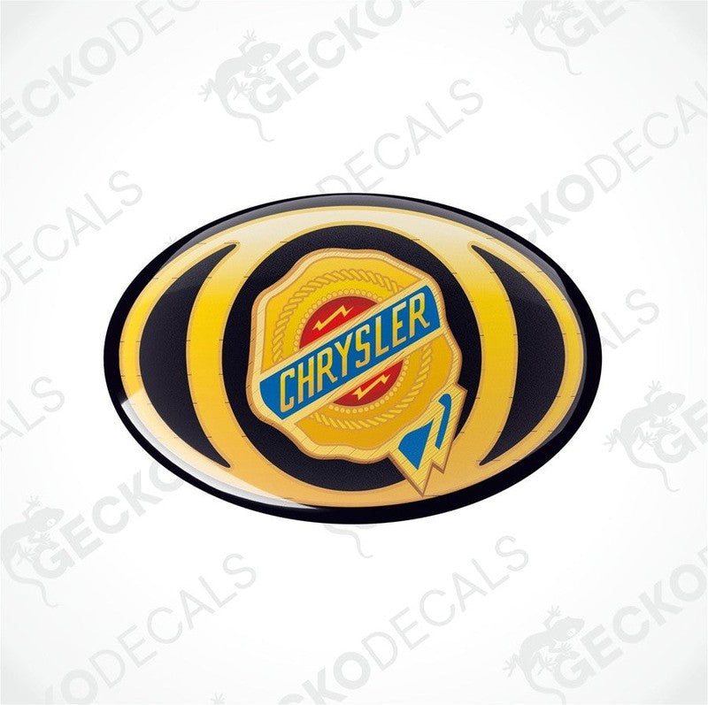 Oval vinyl stickers with a Chrysler brand logo and a blue, yellow, and red design.