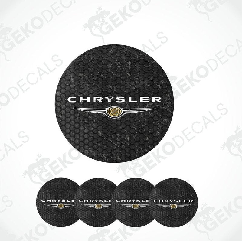 Set of vinyl decals with the CHRYSLER logo, predominantly black in color with a glossy finish.