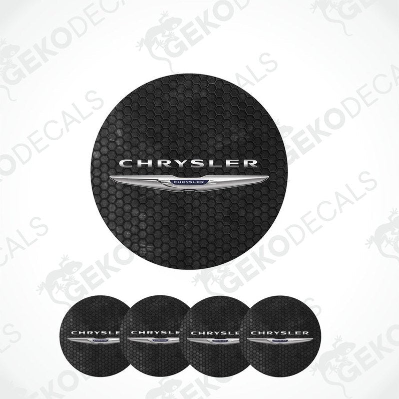 A set of four black vinyl stickers with the word 'CHRYSLER' embossed on them, arranged on a white background.