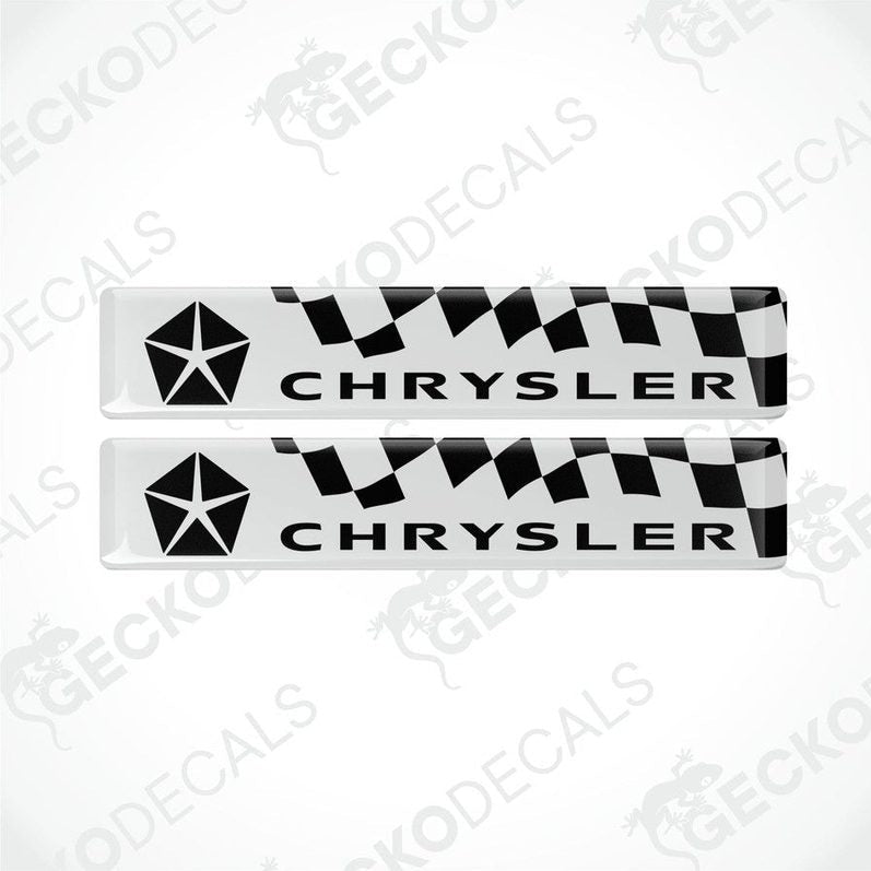 Two white and black vinyl stickers with the Chrysler logo and a checkered pattern.