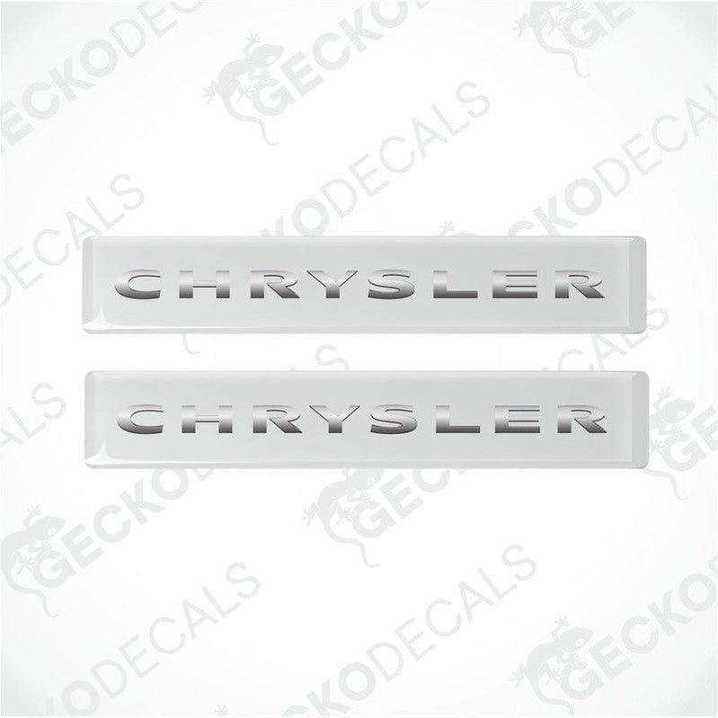Two white vinyl stickers with the word 'CHRYSLER' printed on them, set against a white background.