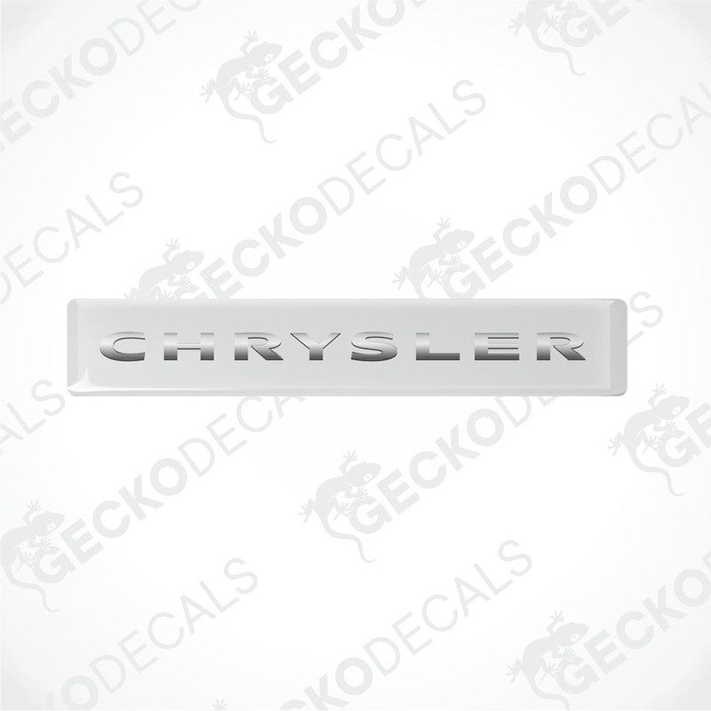 White vinyl stickers with the word 'CHRYSLER' printed on them, set against a white background.