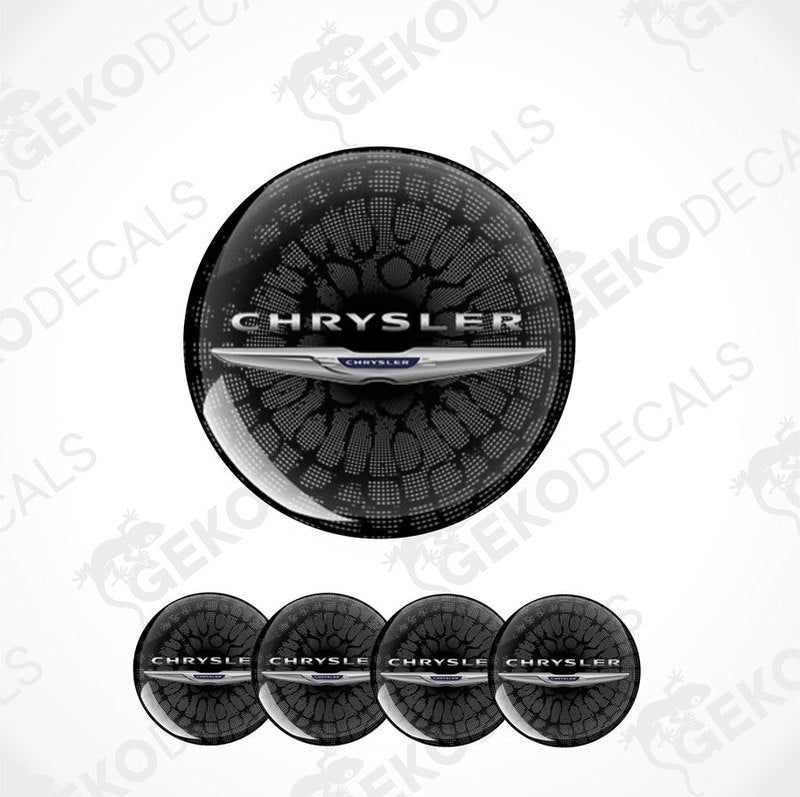 A set of black vinyl decals with the Chrysler logo, designed for use as car wheel stickers.