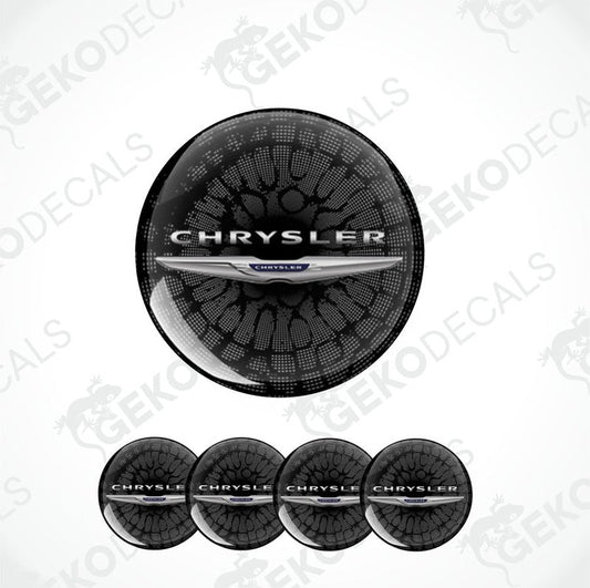 A set of black vinyl decals with the Chrysler logo, designed for use as car wheel stickers.