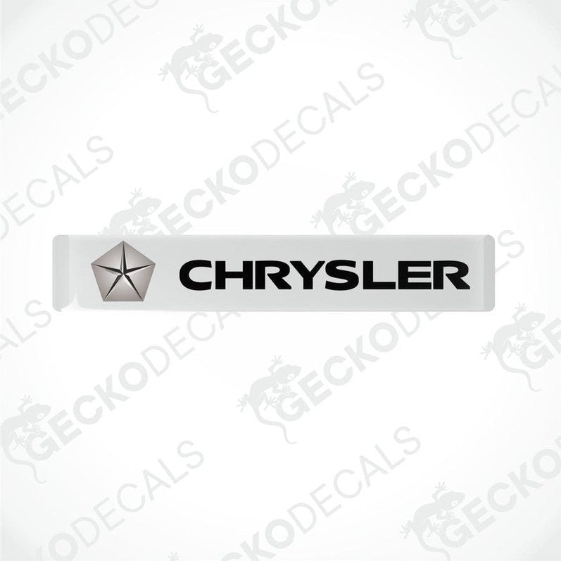 White vinyl stickers featuring the word "CHRYSLER" and a star-shaped logo in black on a white background.