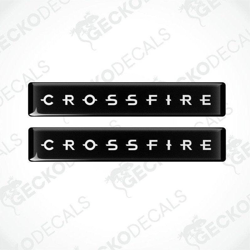 Two black vinyl stickers with the text 'CROSSFIRE' embossed in white.