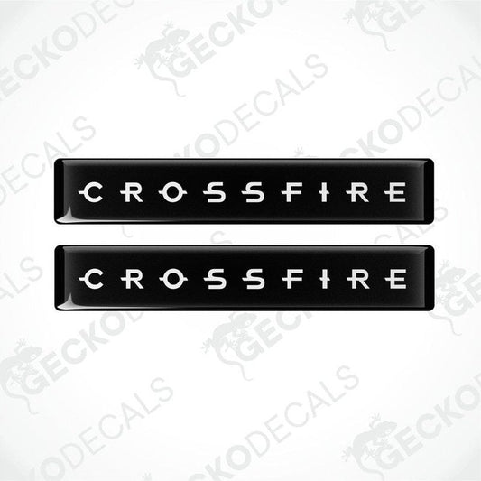 Two black vinyl stickers with the text 'CROSSFIRE' embossed in white.