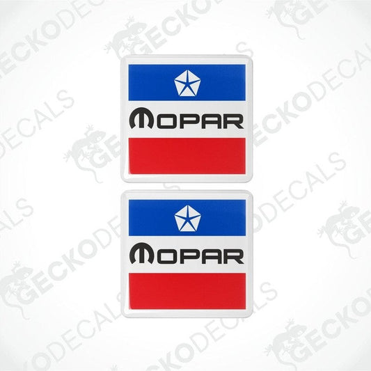Two vinyl stickers with a red, white, and blue design featuring the MOPAR logo.