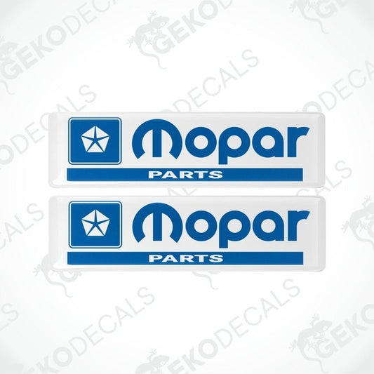 Two Mopar parts logo stickers on a white background with 'Geckodecals' watermark.