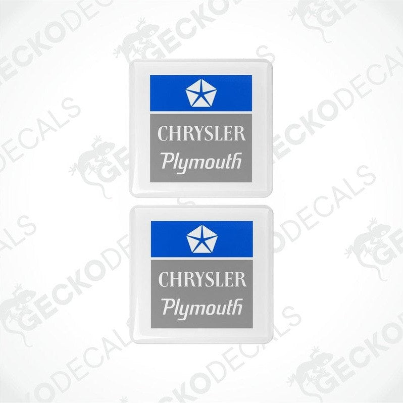 Two blue and white vinyl stickers with 'CHRYSLER PLYMOUTH' text and a star symbol, placed against a white background with 'GECKODECALS' branding.