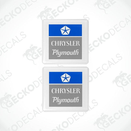 Two blue and white vinyl stickers with 'CHRYSLER PLYMOUTH' text and a star symbol, placed against a white background with 'GECKODECALS' branding.