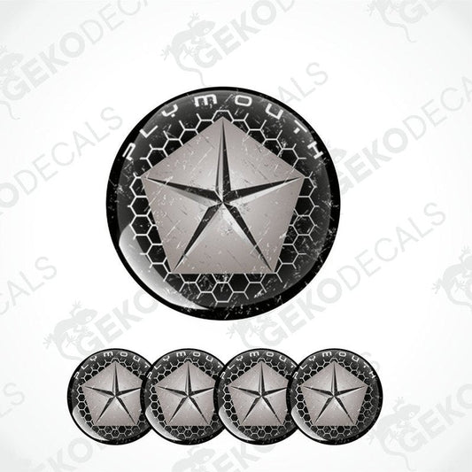 A set of four black vinyl stickers with a polyurethane coating featuring a star and the text 'PLYMOUTH' on a white background.