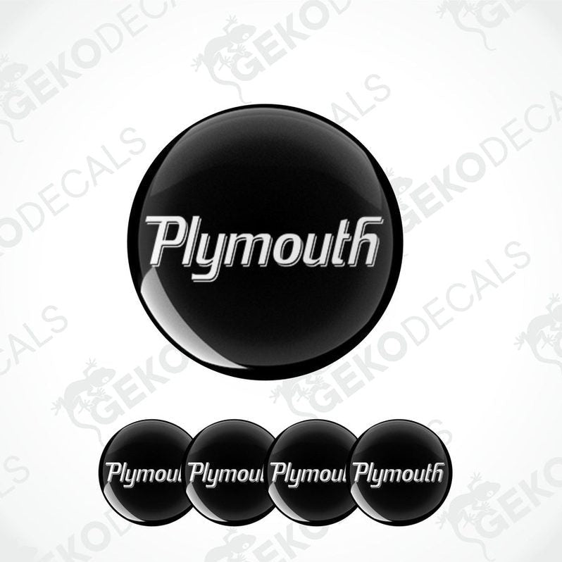 A set of black vinyl stickers with the text 'Plymouth' displayed on them, designed for use as car decals.