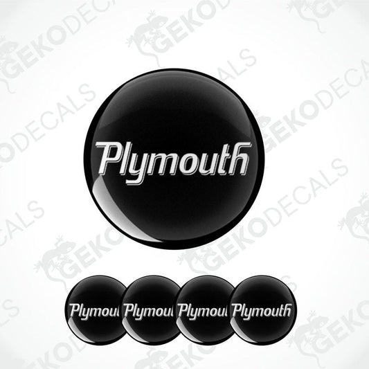 A set of black vinyl stickers with the text 'Plymouth' displayed on them, designed for use as car decals.