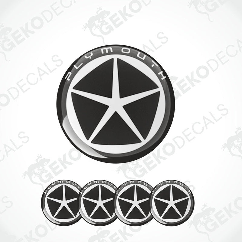 A set of four black vinyl stickers with a white circular design and the text 'PLYMOUTH' in the center, accompanied by the 'GeckoDecals' logo.