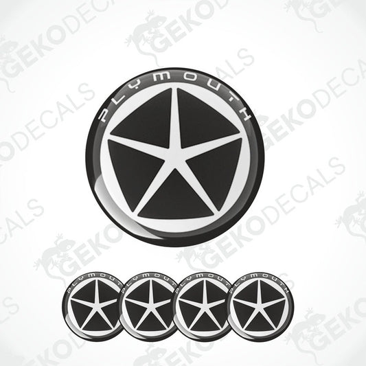 A set of four black vinyl stickers with a white circular design and the text 'PLYMOUTH' in the center, accompanied by the 'GeckoDecals' logo.