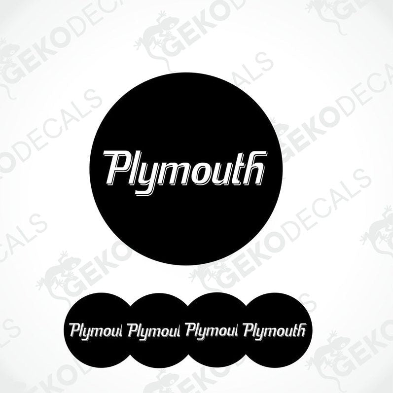 A set of black vinyl stickers with the text 'Plymouth' displayed on them, designed for use as car decals.
