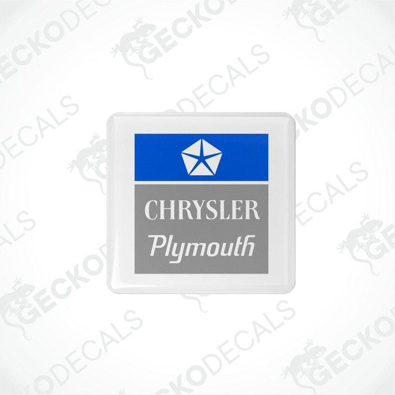 Blue and white vinyl stickers with 'CHRYSLER PLYMOUTH' text and a star symbol, placed against a white background with 'GECKODECALS' branding.