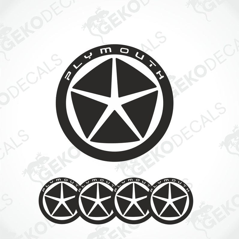 A set of four black vinyl stickers with a white circular design and the text 'PLYMOUTH' in the center, accompanied by the 'GeckoDecals' logo.