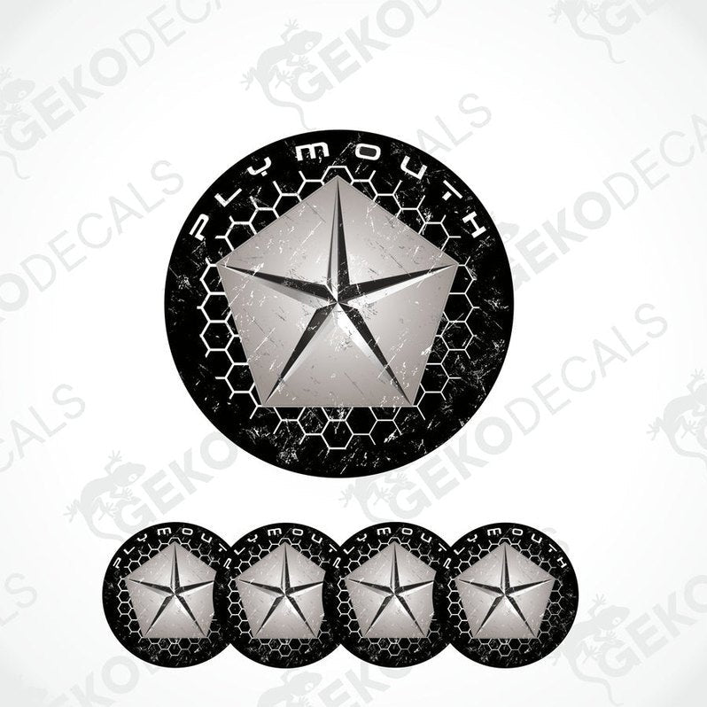 A set of four black vinyl stickers with a polyurethane coating featuring a star and the text 'PLYMOUTH' on a white background.