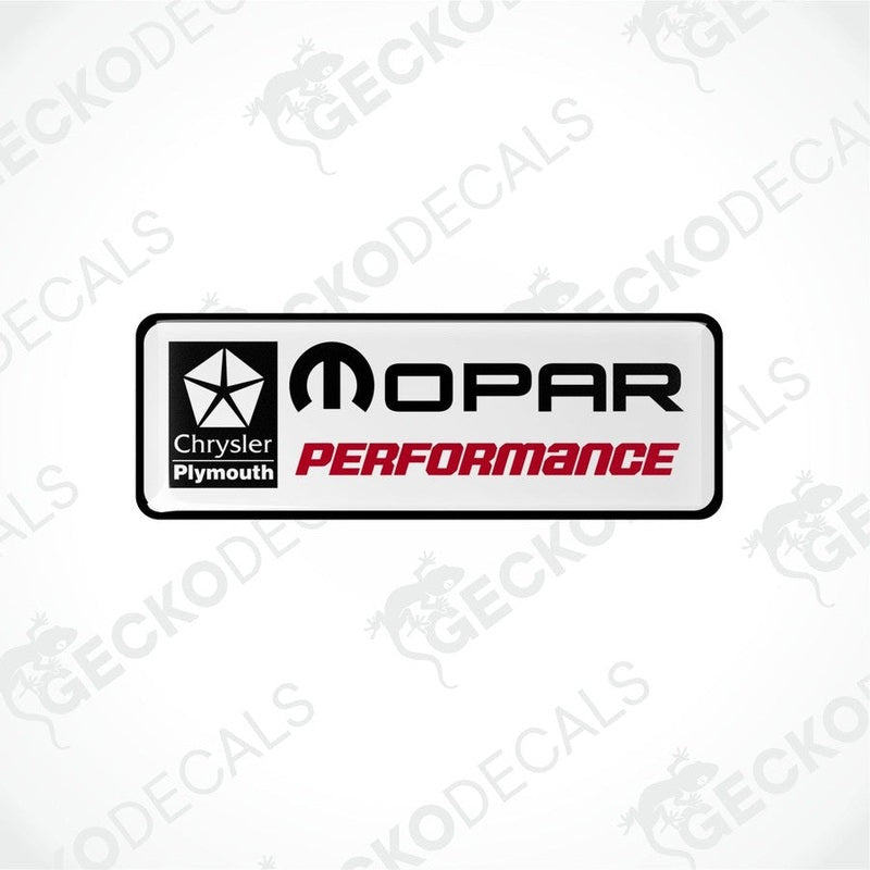 Rectangular vinyl decals with a polyurethane coating, featuring the 'MOPAR Performance' logo in red and black on a white background, and the 'Chrysler Plymouth' branding.