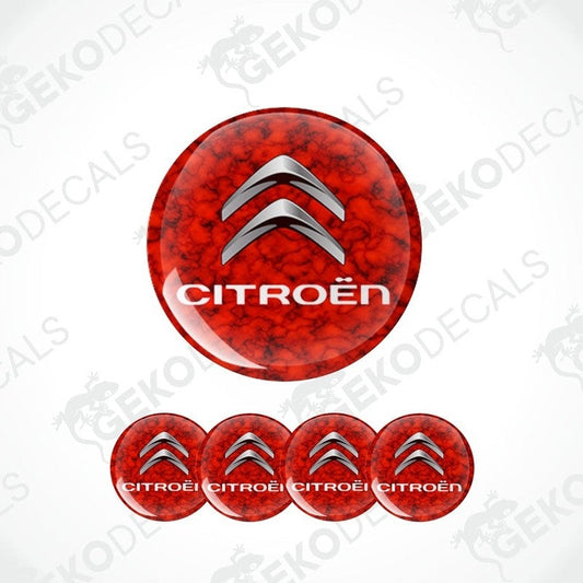 A set of vinyl decals with a geometric pattern and the CITROEN car brand logo, predominantly red with black and white accents.