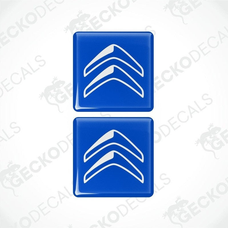 Two blue vinyl stickers with white Citroen logo.
