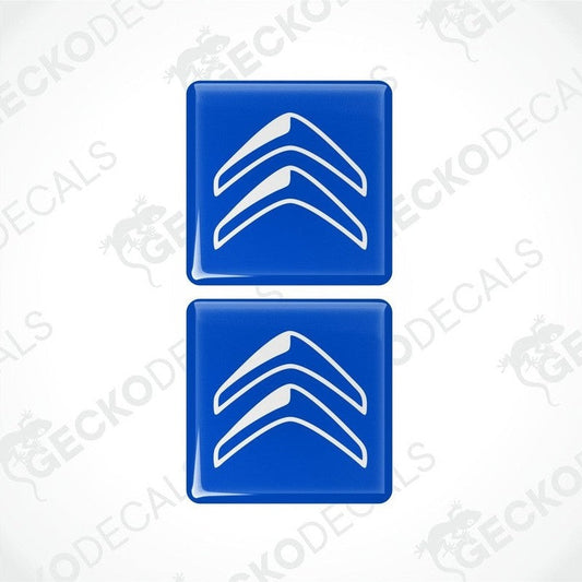 Two blue vinyl stickers with white Citroen logo.