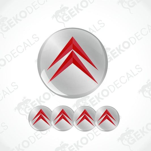 Red and silver logo decal with a white background