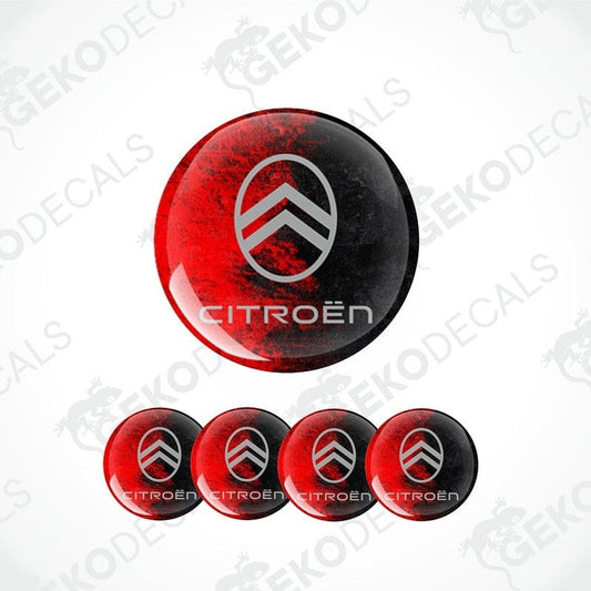 A set of four red and black vinyl stickers with the CITROEN brand logo on them.
