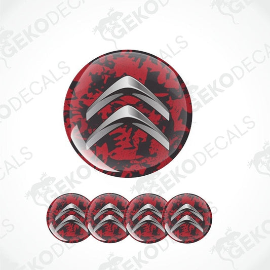A set of vinyl decals with a geometric pattern and the CITROEN car brand logo, predominantly red with black and white accents.