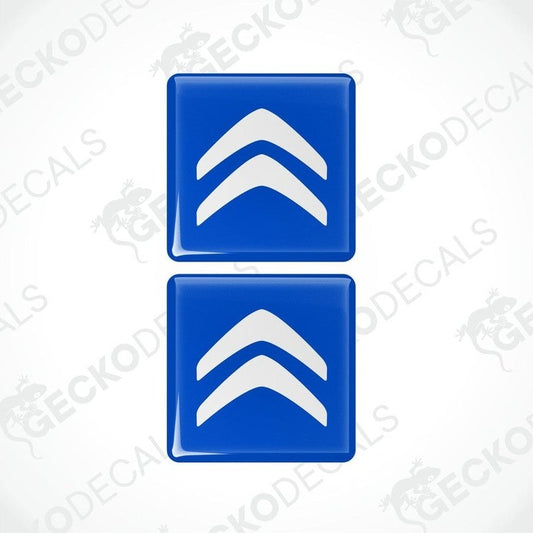 Two blue vinyl stickers with white Citroen logo.