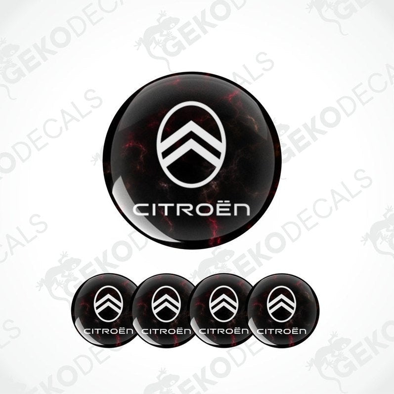 A set of four vinyl decals with a polyurethane coating featuring the CITROEN logo, predominantly black with a red marbled background.