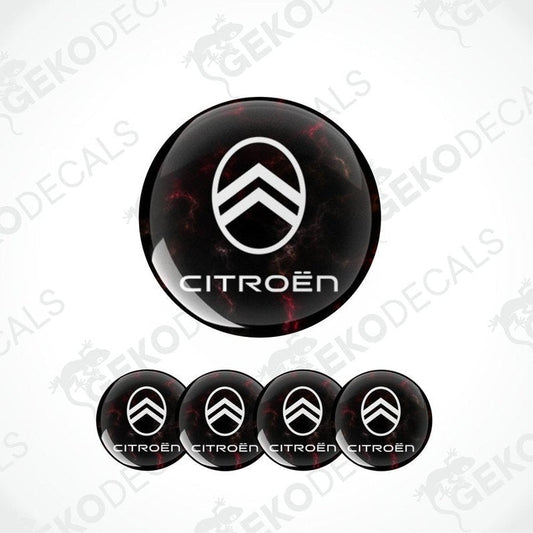 A set of four vinyl decals with a polyurethane coating featuring the CITROEN logo, predominantly black with a red marbled background.
