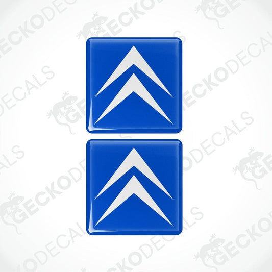 Two blue vinyl stickers with white Citroen logo.