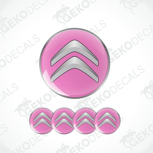 Pink Citroén logo with silver emblem on a white background
