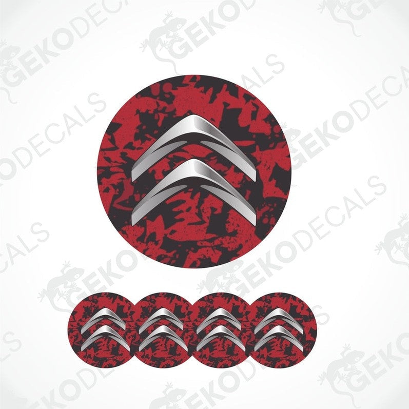 A set of vinyl decals with a geometric pattern and the CITROEN car brand logo, predominantly red with black and white accents.