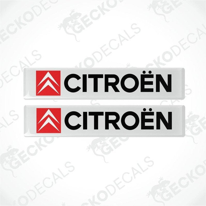 Two rectangular white, red, and white car decals with the CITROEN brand logo
